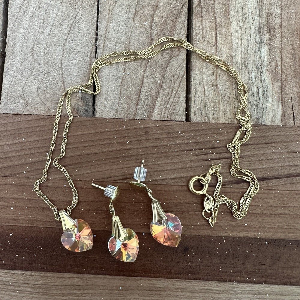 VTG Cirillo Dangle‎ Heart Crystal Iridescent Necklace 17 Inch Earrings Set Gold